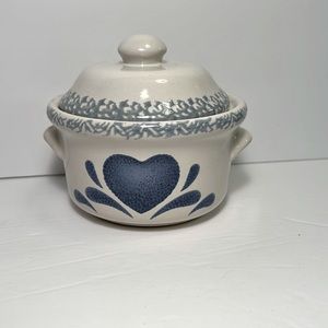 Blue Heart Ceramic Soup Crock w/Lid & Side Handles, Sponge Ware Design